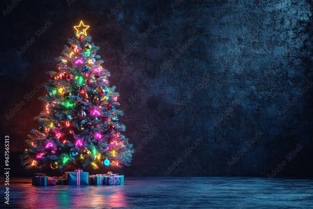 Wall mural neon christmas tree with presents on a dark background