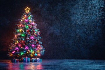 Neon Christmas Tree with Presents on a Dark Background