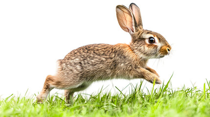 Fototapeta premium A rabbit hopping through lush green grass in a sunny meadow isolated on transparent background
