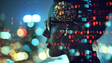 A profile shot of an AI Mate wearing glasses, her head adorned with digital brain imagery and binary code patterns