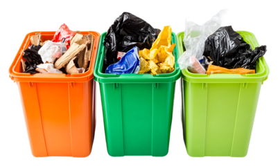 Colorful recycling bins filled with waste materials for disposal isolated on transparent background