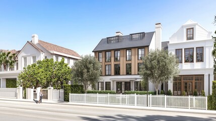 The design showcases a small two-story home featuring a gable roof, vertical board-and-batten siding, and a welcoming front porch adorned with chairs, complemented by a picket fence