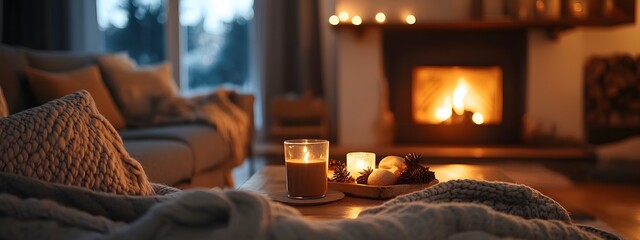 A cozy living room with soft blankets and hot cocoa on the coffee table, lit by warm candlelight from an open fireplace in the background