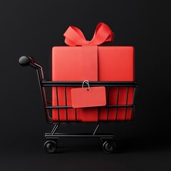 A vibrant red gift box with a bow, placed in a shopping cart, perfect for holiday marketing and festive promotions.