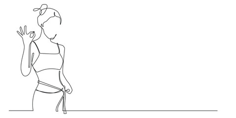 continuous line drawing of woman dieting.single line vector happy woman successful dieting.line art woman dieting .isolated white background