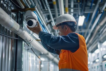 Technician installing security camera in server room