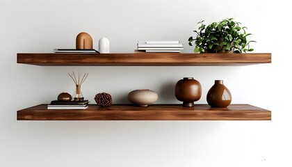 Minimalist floating shelves in brown wood showcasing simple design for home decor and stylish organization in interior spaces