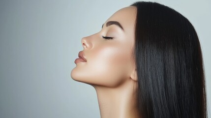 Women's double chin treatment. Attractive middle aged woman stands wrapped in towel over light grey background, enjoying her beauty. Copy space available. © schmidt