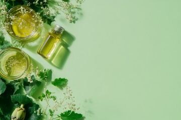 Fototapeta premium On a green background, petri dishes with cosmetic products and sunflowers. A space for text is provided.