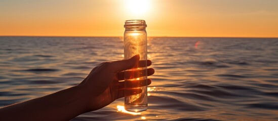 Glass Bottle Held at Sunset Over Water