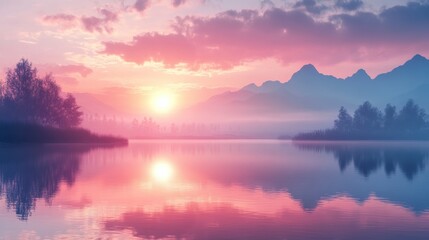 Fototapeta premium Tranquil pink sunrise reflecting in calm lake water