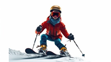 Female Skier Skiing in Winter Protective Gear Isolated on White Background Photo. Fictional Characters Created By Generative AI.