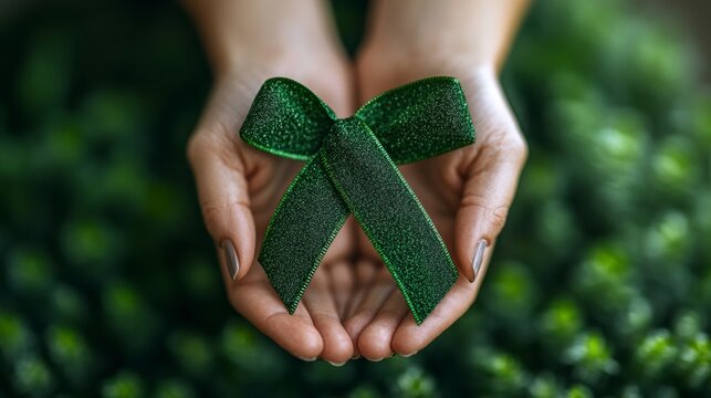 Woman holding green ribbon showing support for mental health awareness