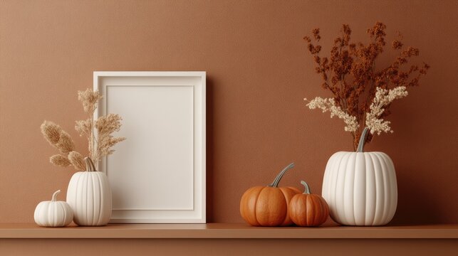 A simple black frame mockup sits on a shelf adorned with a pumpkin and wheat arranged in a vase, set against a warm orange textured wall, embodying autumn aesthetics
