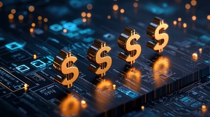 Digital representation of wealth showcasing golden dollar symbols on a tech-inspired background, symbolizing finance and prosperity.