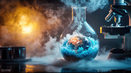 A transparent flask filled with swirling oceans and clouds represents Earth, surrounded by scientific atmosphere. scene evokes curiosity and wonder about our planet