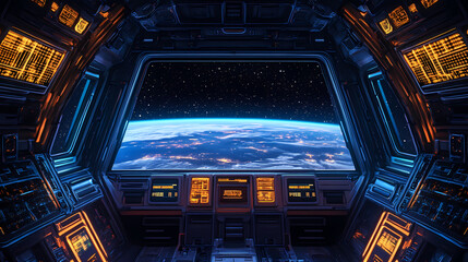 Bright spaceship interior with a view out a dark window. generative ai. Spaceship. Illustration