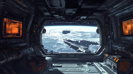 Bright spaceship interior with a view out a dark window. generative ai. Spaceship. Illustration