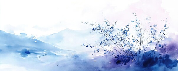 Fototapeta premium Serene watercolor landscape with soft hues and delicate flora, creating a peaceful atmosphere for artistic projects.
