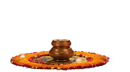 Happy Diwali Celebration - Beautiful Flower Rangoli Decorated with Illuminated Diya on PNG Surface.