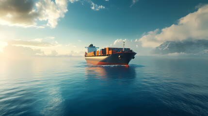 Close up on a magnificent container ship floating on the blue sea, photographic, realistic, generated with ai. Floating Ship. Illustration