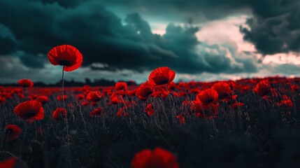 A field of vibrant red poppies stands out against dark, cloudy skies, evoking thoughts of remembrance