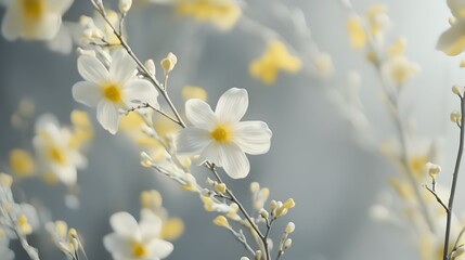 Obraz premium Delicate White and Yellow Spring Flowers Blooming on Tree Branches