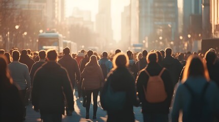 Silhouetted Crowd of Commuters on Bustling City Street at Sunset