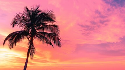 A vibrant pink and orange sunset sky with the silhouette of an isolated palm tree, creating a tropical background for travel advertising or vacation
