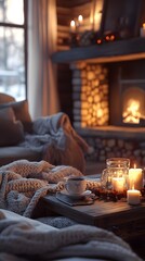 A cozy living room with soft blankets and hot cocoa on the coffee table, lit by warm candlelight from an open fireplace in the background