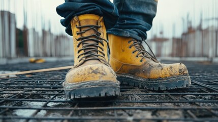 A pair of safety boots with reinforced toes being worn by a construction worker.