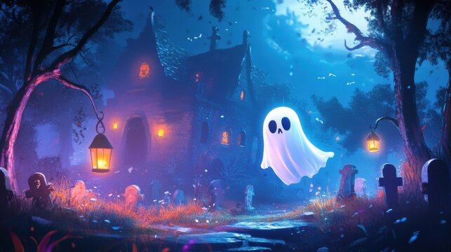 A whimsical ghost floats near an enchanting haunted house, illuminated by lanterns in a mysterious graveyard setting.