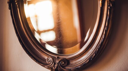 Golden hour sunlight reflecting in an antique mirror with ornate details