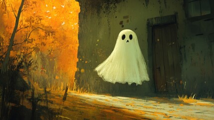 A whimsical ghost floats peacefully in an autumn landscape, surrounded by golden leaves and an eerie yet enchanting atmosphere.