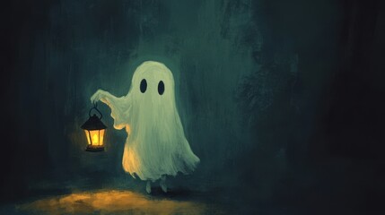 A whimsical ghost holding a glowing lantern in a dark, mysterious setting, perfect for Halloween or spooky themes.