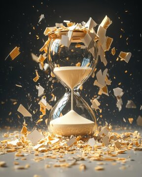 A shattered hourglass, sand spilling endlessly onto the floor, illustration 3D background, no blur, photo not dark, everything is clear, copy space