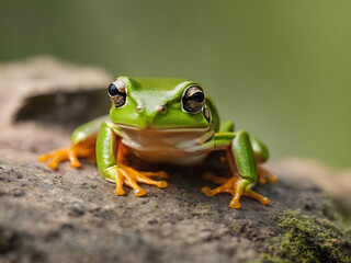 Minimal photo of a solitary tree frog on a blurred green background