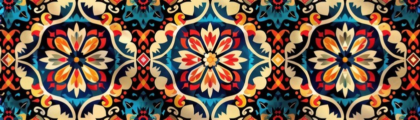 Seamless geometric pattern for traditional Mexican Huipil fabric, featuring intricate motifs and bold patterns