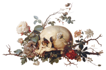 PNG  Skull with flowers art illustration painting.