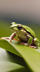 Naklejka premium Minimal photo of a solitary tree frog on a blurred green background