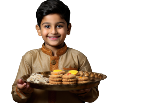 Indian Young Boy Holding a Plate of Delicious Foods on Png Background Photo for Festival Celebration. Fictional Characters Created By Generative AI.