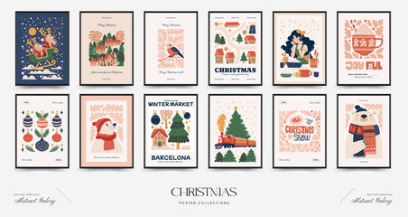 Merry Christmas and Happy New Year vertical flyer or poster template. Modern trendy minimal style. Hand drawn design for wallpaper, wall decor, print, postcard, cover, template, banner.