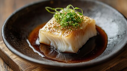 Succulent steamed cod fish served with a delectable soya sauce in a dish, against a dark wooden board.