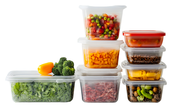 Healthy meal prep with colorful vegetables stored in containers isolated on transparent background