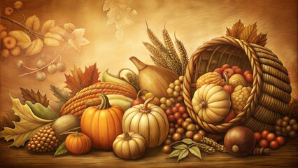 Bountiful harvest arrangement with pumpkins, gourds, and autumn leaves in warm tones