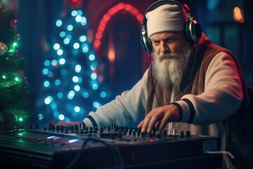 DJ Santa Claus in Nightclub at Merry Christmas and New Year Party Photo. Fictional Characters...