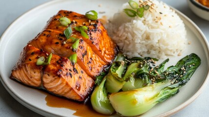 A healthy quinoa salad topped with grilled salmon, avocado, and cherry tomatoes, dressed in a light lemon vinaigrette.