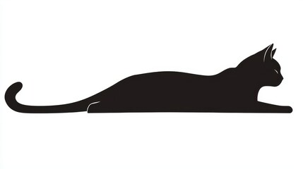 An elegant composition depicting a black cat lying flat on a white background