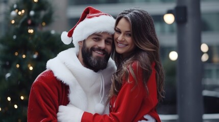 Fototapeta premium Santa Claus Hugging Woman like as Couple Celebrate Merry Christmas Festival, Smiling and Posing for a Photo. Fictional Characters Created By Generative AI.