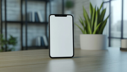 smart phone blank white screen mockup on a wooden table with attractive background generated by AI